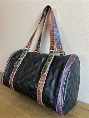 Vintage Y2K Sidney Love Quilted Black Barrel Satchel W/Brown-Purple Croc Straps.